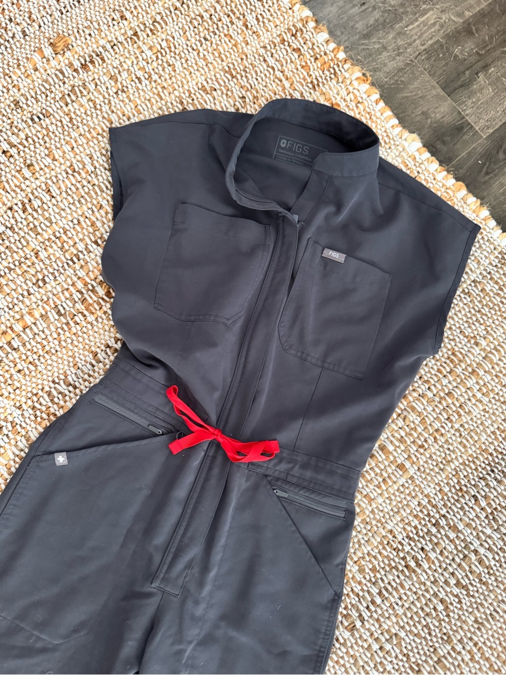 Figs dark gray Utility Jumpsuit with Red Waist Tie - Picture 2 of 4